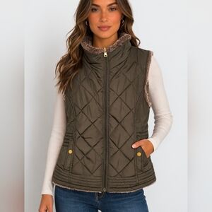 KC Collections Olive Green Quilted Puffer Vest Faux Fur Lined